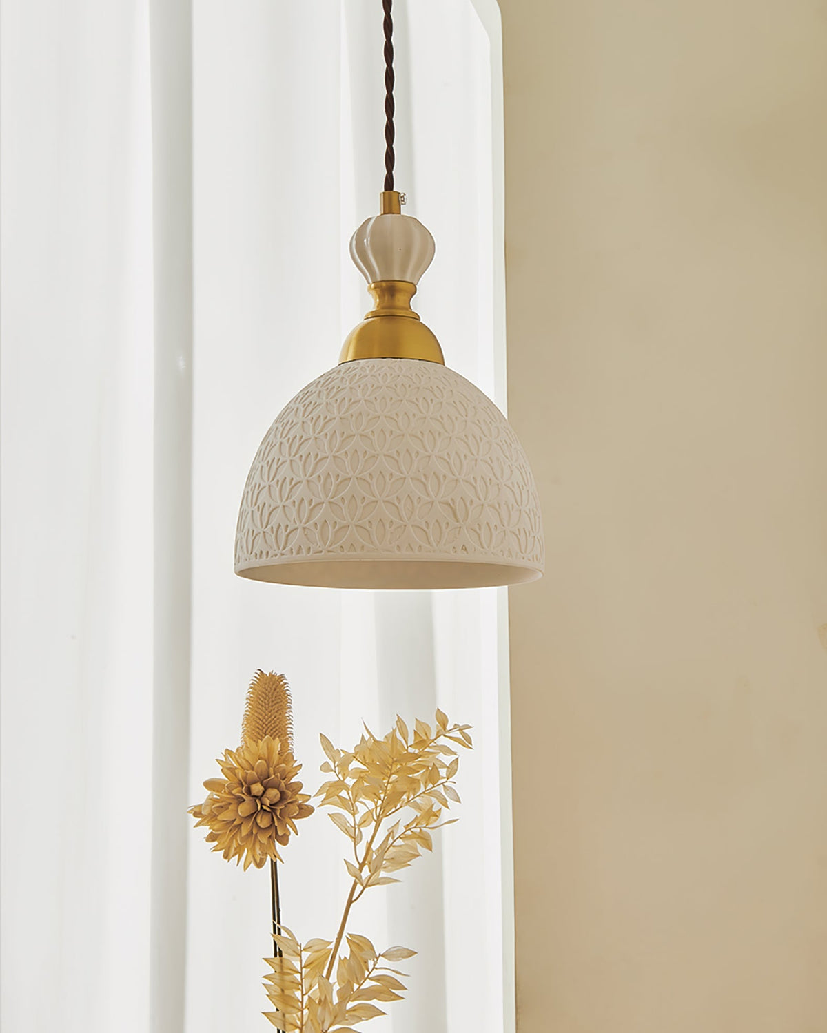 Hanging Ceiling Light Fixture White Ceramic Shade with Gold Hardware 9 in Adjustable Cord for Kitchen Island Dining Room Indoor Use E26 Sock | Thomler