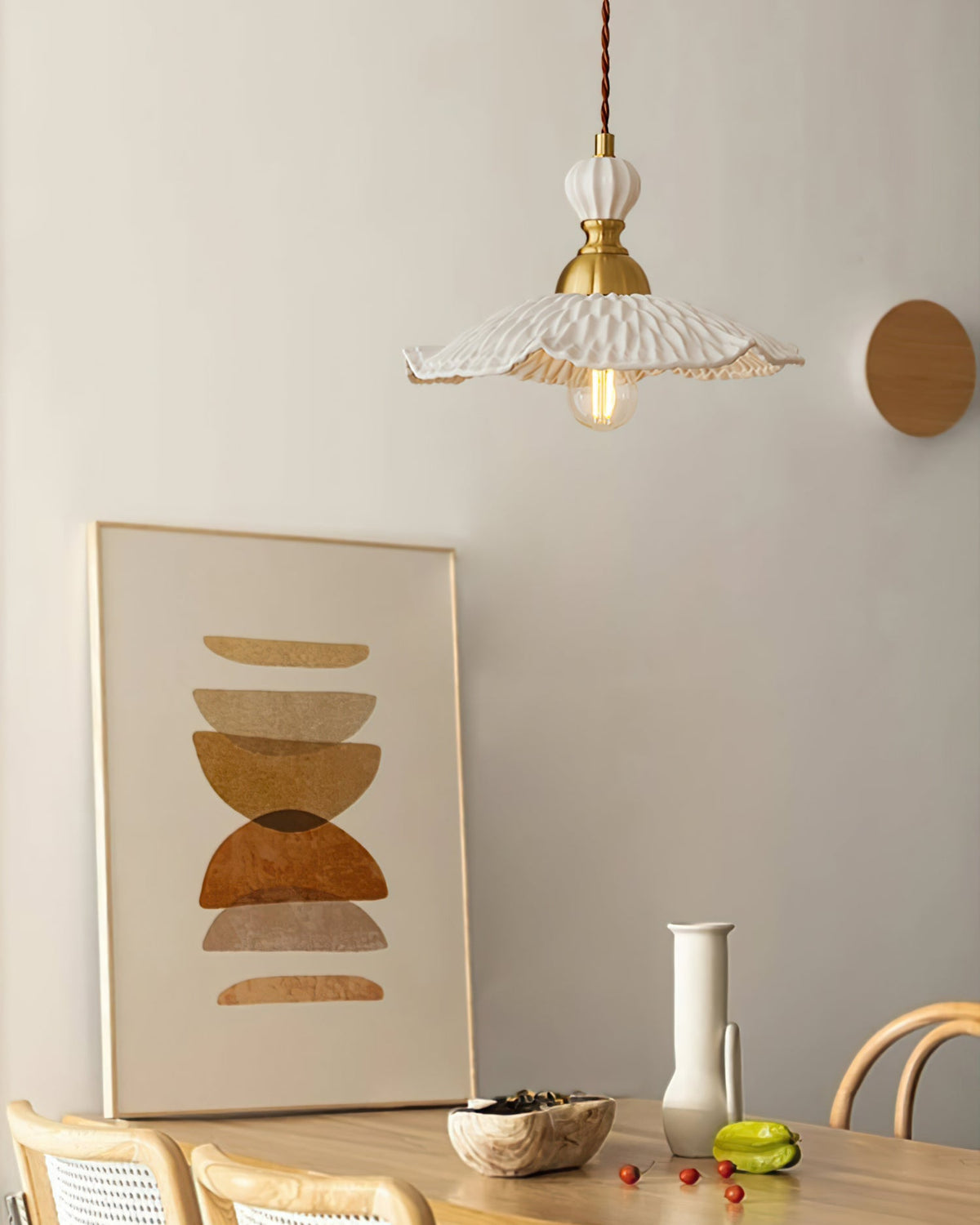 Hanging Ceiling Light Fixture White Ceramic Shade with Gold Hardware 9 in Adjustable Cord for Kitchen Island Dining Room Indoor Use E26 Sock | Thomler