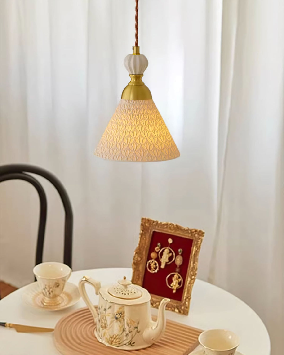 Hanging Ceiling Light Fixture White Ceramic Shade with Gold Hardware 9 in Adjustable Cord for Kitchen Island Dining Room Indoor Use E26 Sock | Thomler