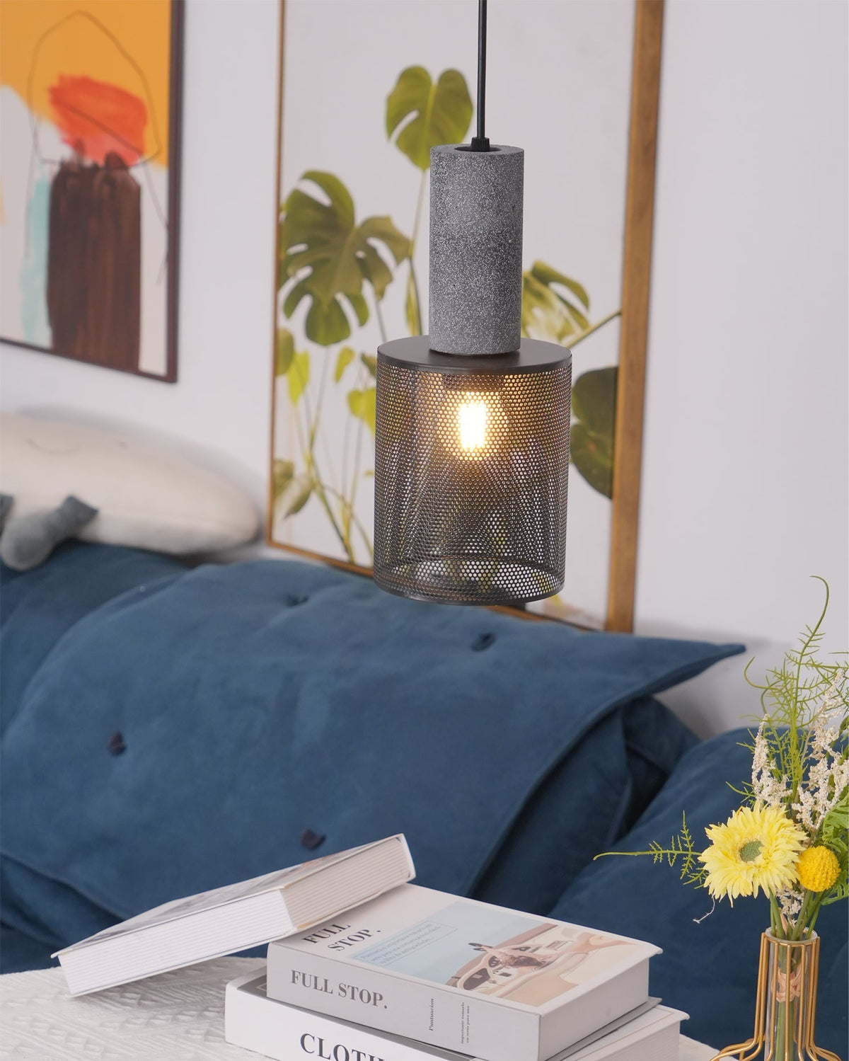 Industrial Concrete Hanging Light Fixture with Metal Accent for Dining Room, Kitchen Island & Bedroom – Adjustable Cord, E26 Socket, Modern | Thomler