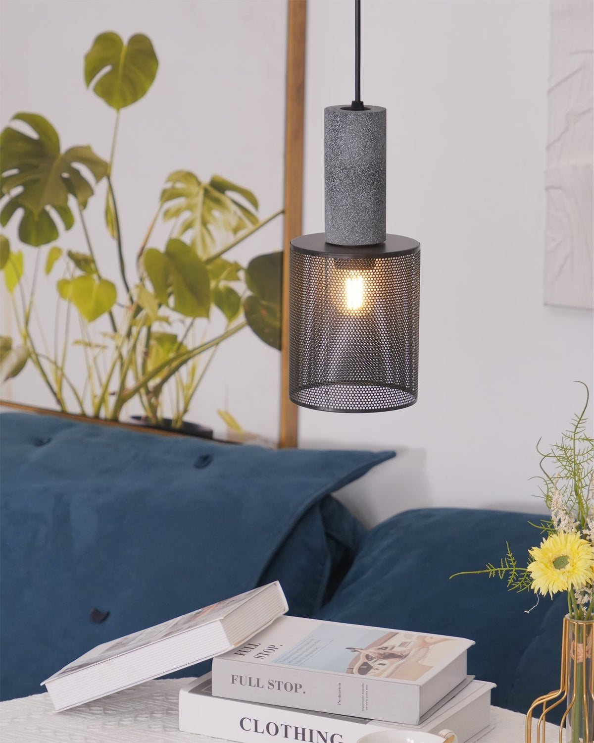 Industrial Concrete Hanging Light Fixture with Metal Accent for Dining Room, Kitchen Island & Bedroom – Adjustable Cord, E26 Socket, Modern | Thomler