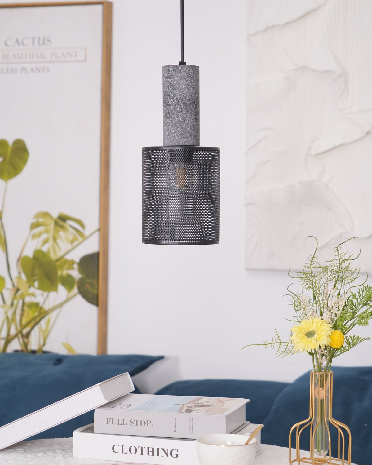 Industrial Concrete Hanging Light Fixture with Metal Accent for Dining Room, Kitchen Island & Bedroom – Adjustable Cord, E26 Socket, Modern | Thomler