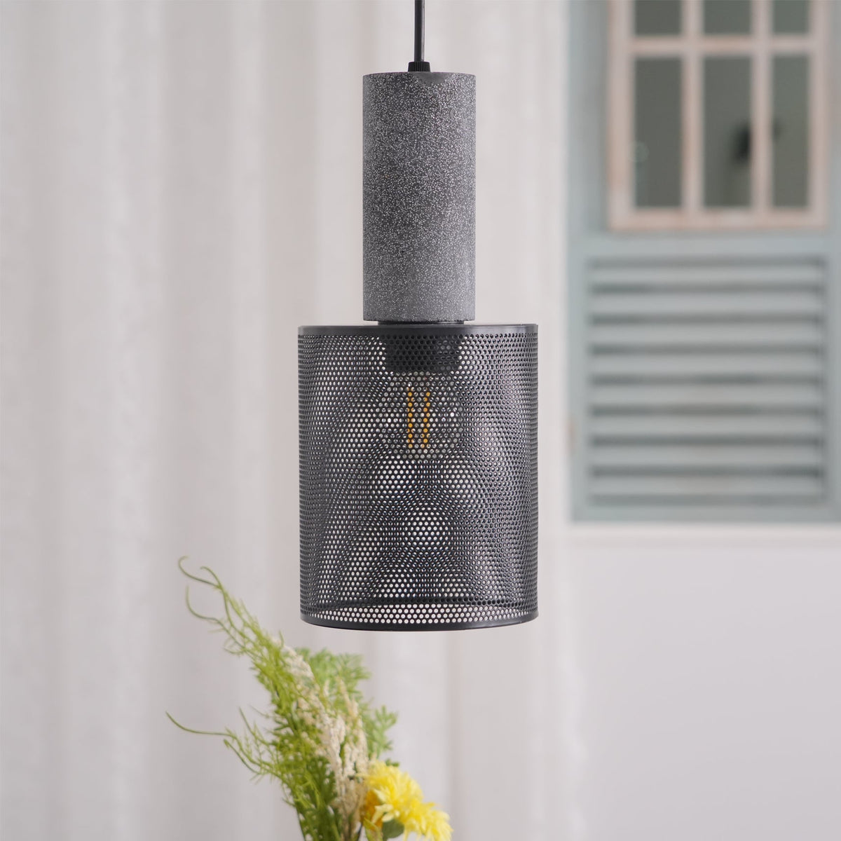 Industrial Concrete Hanging Light Fixture with Metal Accent for Dining Room, Kitchen Island & Bedroom – Adjustable Cord, E26 Socket, Modern | Thomler