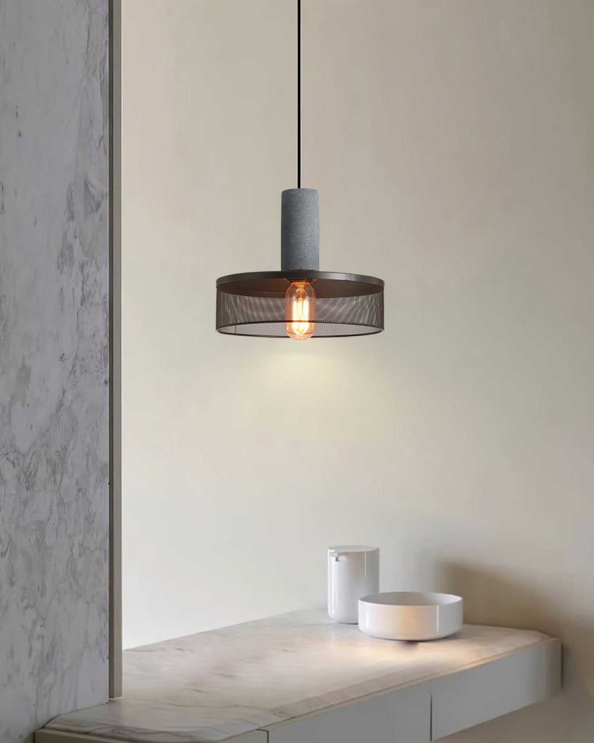 Industrial Concrete Hanging Light Fixture with Metal Accent for Dining Room, Kitchen Island & Bedroom – Adjustable Cord, E26 Socket, Modern | Thomler