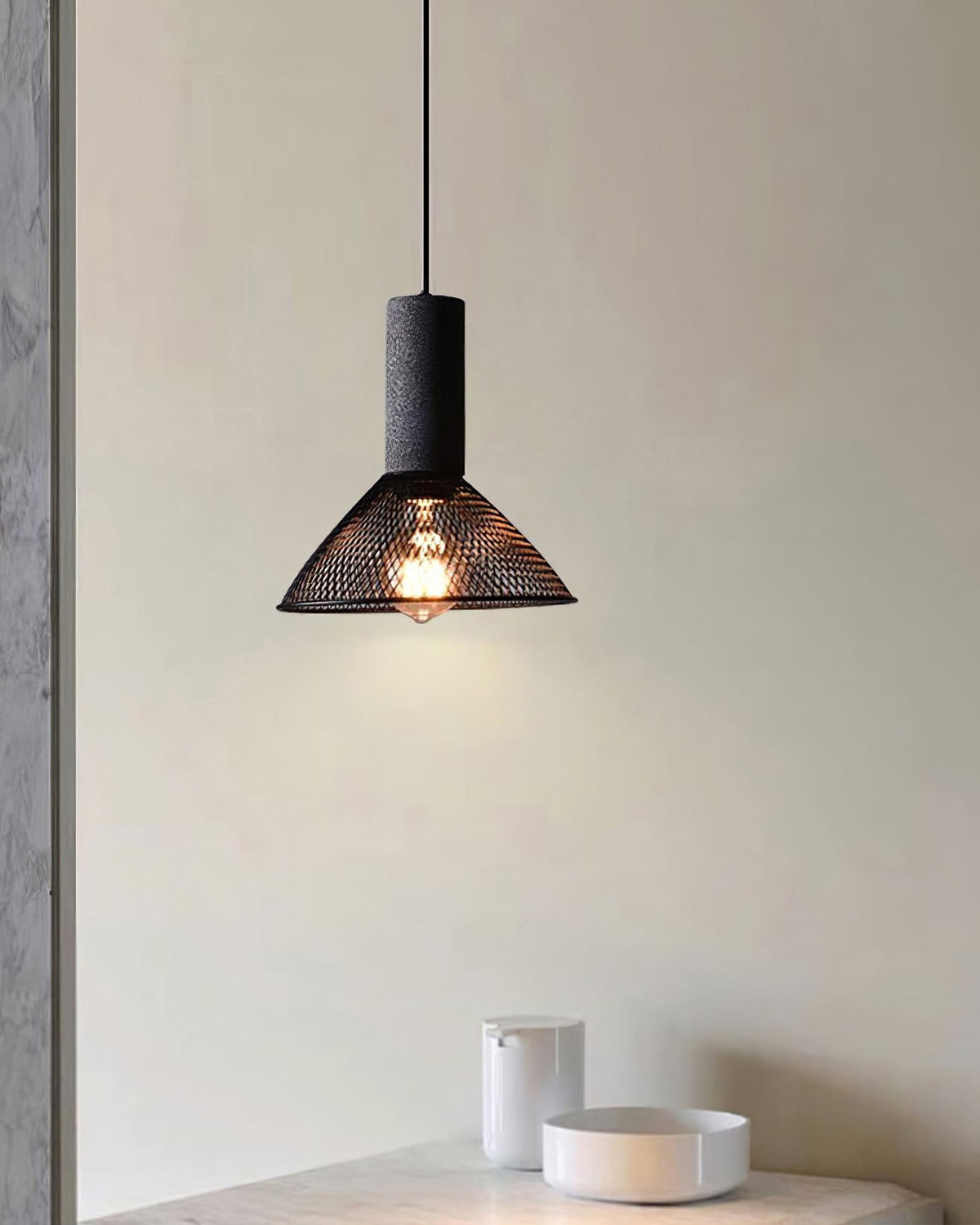 Industrial Concrete Hanging Light Fixture with Metal Accent for Dining Room, Kitchen Island & Bedroom – Adjustable Cord, E26 Socket, Modern | Thomler