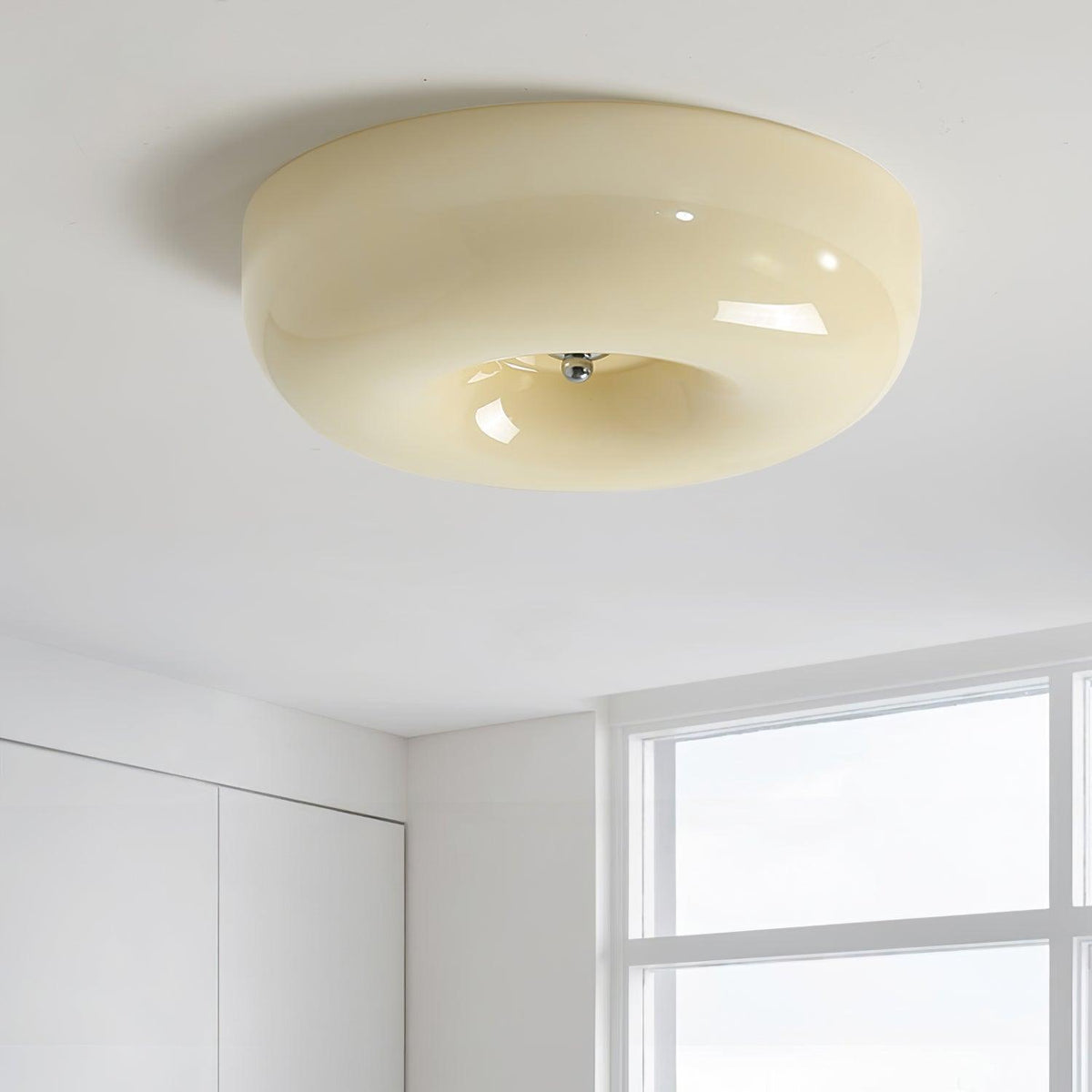 Lámpara de techo de montaje empotrado con cúpula de cristal de 16 pulgadas, color crema, redonda, LED, para dormitorio, sala de estar, comedor, perfil bajo, regulable, moderna para el hogar | Thomler