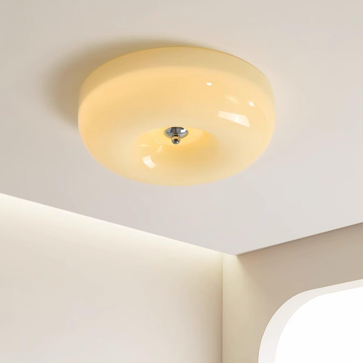 Lámpara de techo de montaje empotrado con cúpula de cristal de 16 pulgadas, color crema, redonda, LED, para dormitorio, sala de estar, comedor, perfil bajo, regulable, moderna para el hogar | Thomler