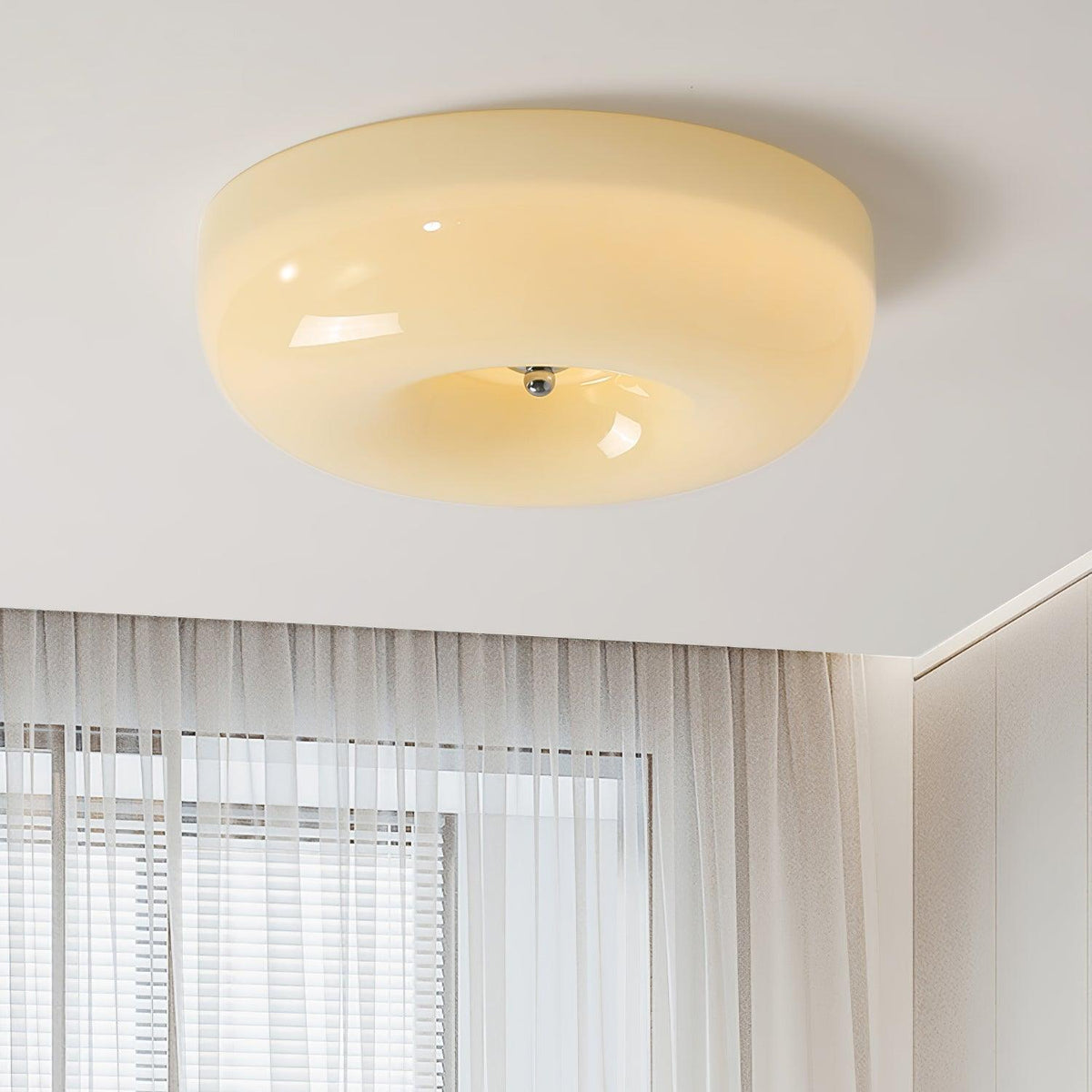 Lámpara de techo de montaje empotrado con cúpula de cristal de 16 pulgadas, color crema, redonda, LED, para dormitorio, sala de estar, comedor, perfil bajo, regulable, moderna para el hogar | Thomler