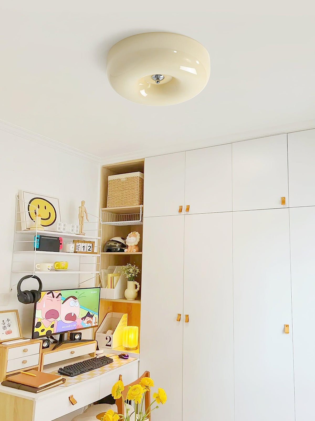 Lámpara de techo de montaje empotrado con cúpula de cristal de 16 pulgadas, color crema, redonda, LED, para dormitorio, sala de estar, comedor, perfil bajo, regulable, moderna para el hogar | Thomler