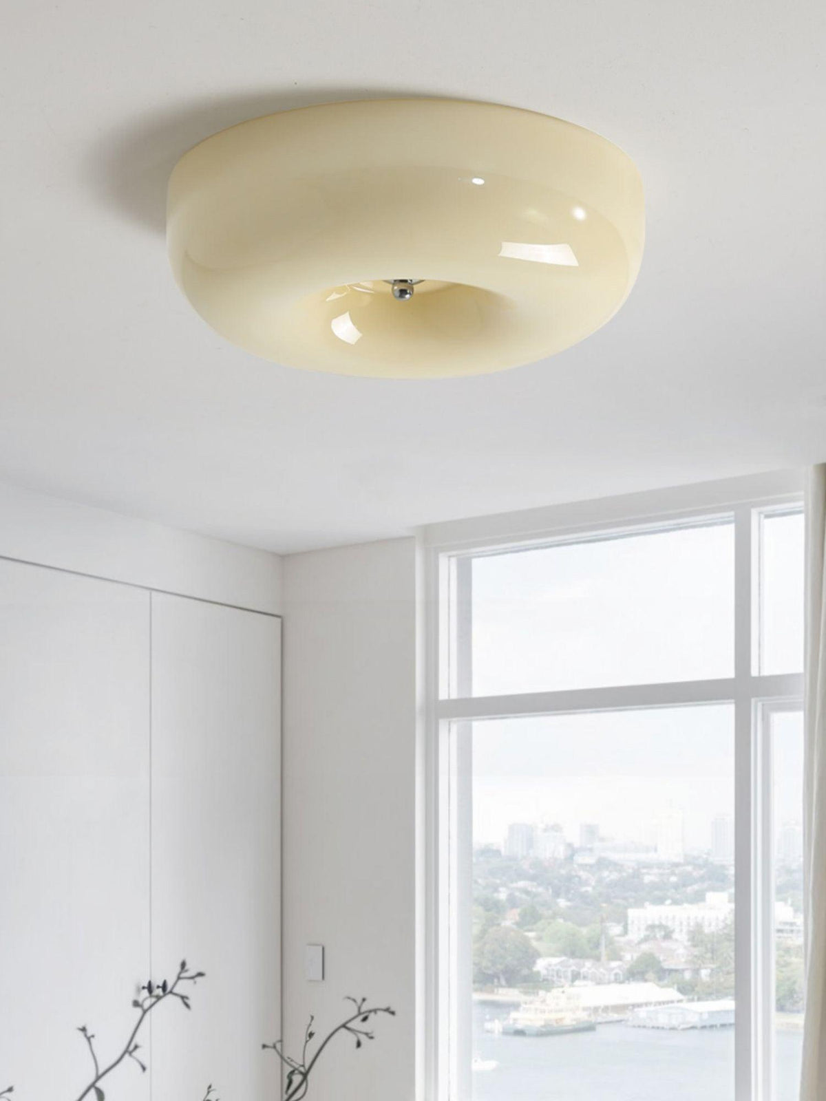 Lámpara de techo de montaje empotrado con cúpula de cristal de 16 pulgadas, color crema, redonda, LED, para dormitorio, sala de estar, comedor, perfil bajo, regulable, moderna para el hogar | Thomler