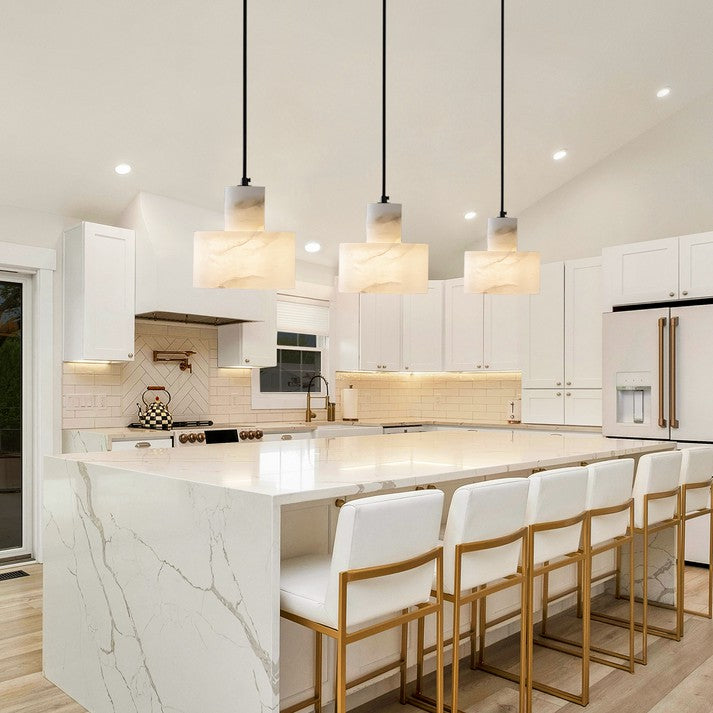 Stone Cylinder Hanging Lamp White Adjustable Drop Ceiling Fixture for Kitchen Island Dining Room Bedroom Hallway Natural Alabaster E27 Socke | Thomler