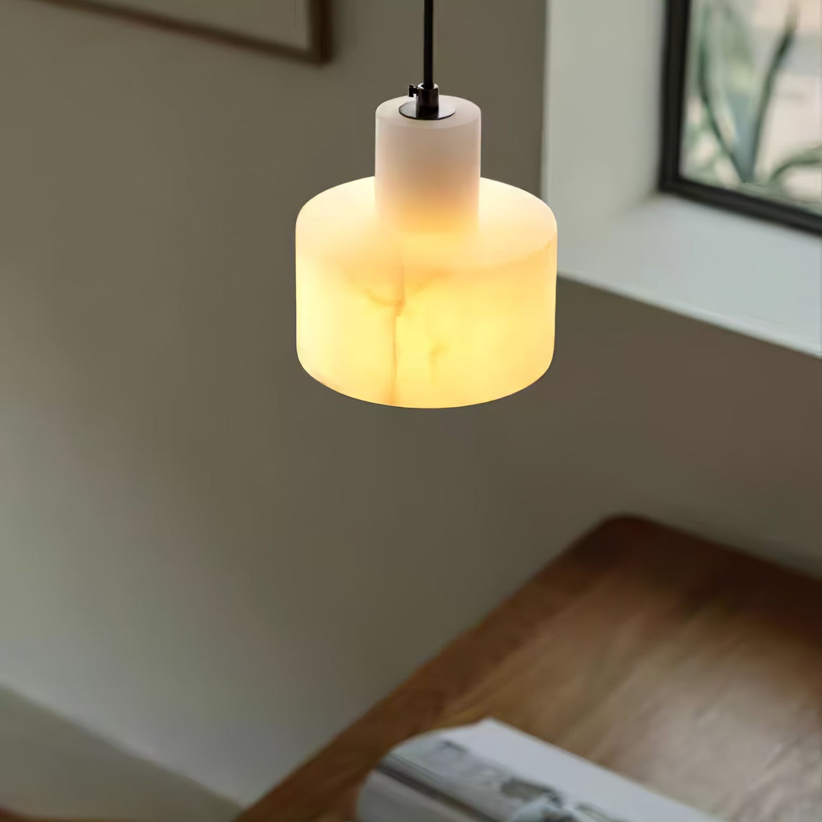 Stone Cylinder Hanging Lamp White Adjustable Drop Ceiling Fixture for Kitchen Island Dining Room Bedroom Hallway Natural Alabaster E27 Socke | Thomler