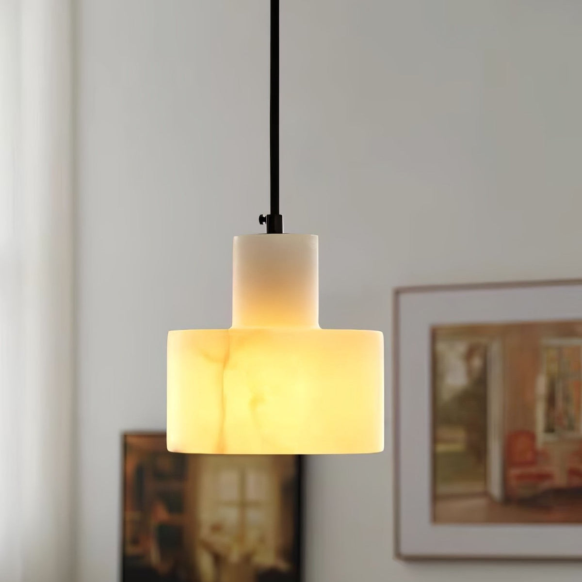 Stone Cylinder Hanging Lamp White Adjustable Drop Ceiling Fixture for Kitchen Island Dining Room Bedroom Hallway Natural Alabaster E27 Socke | Thomler