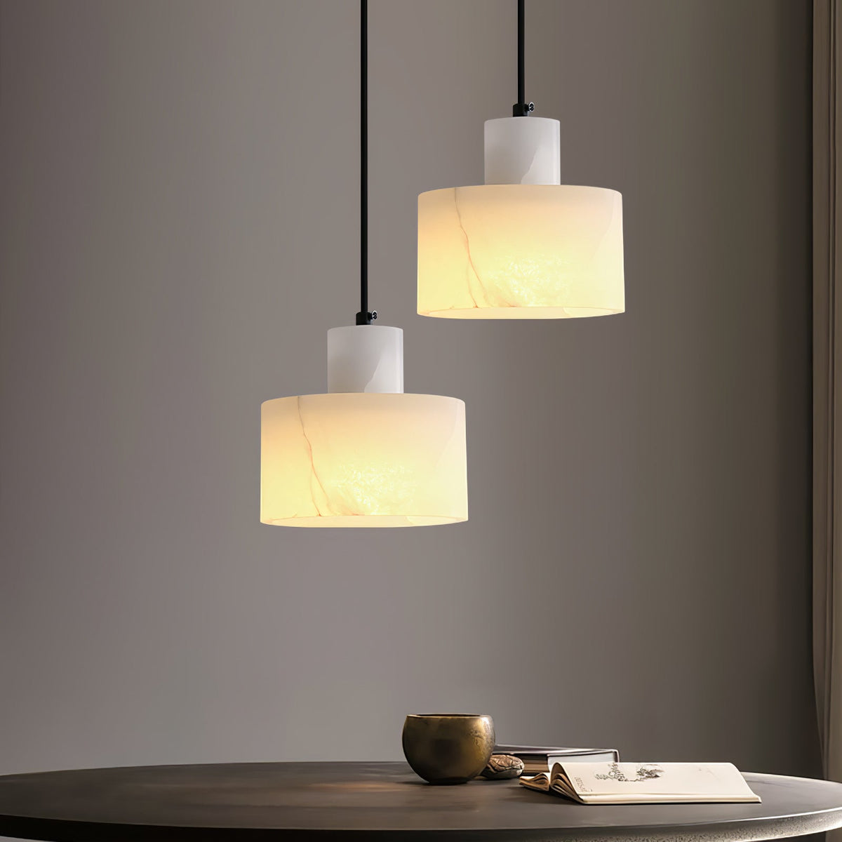 Stone Cylinder Hanging Lamp White Adjustable Drop Ceiling Fixture for Kitchen Island Dining Room Bedroom Hallway Natural Alabaster E27 Socke | Thomler