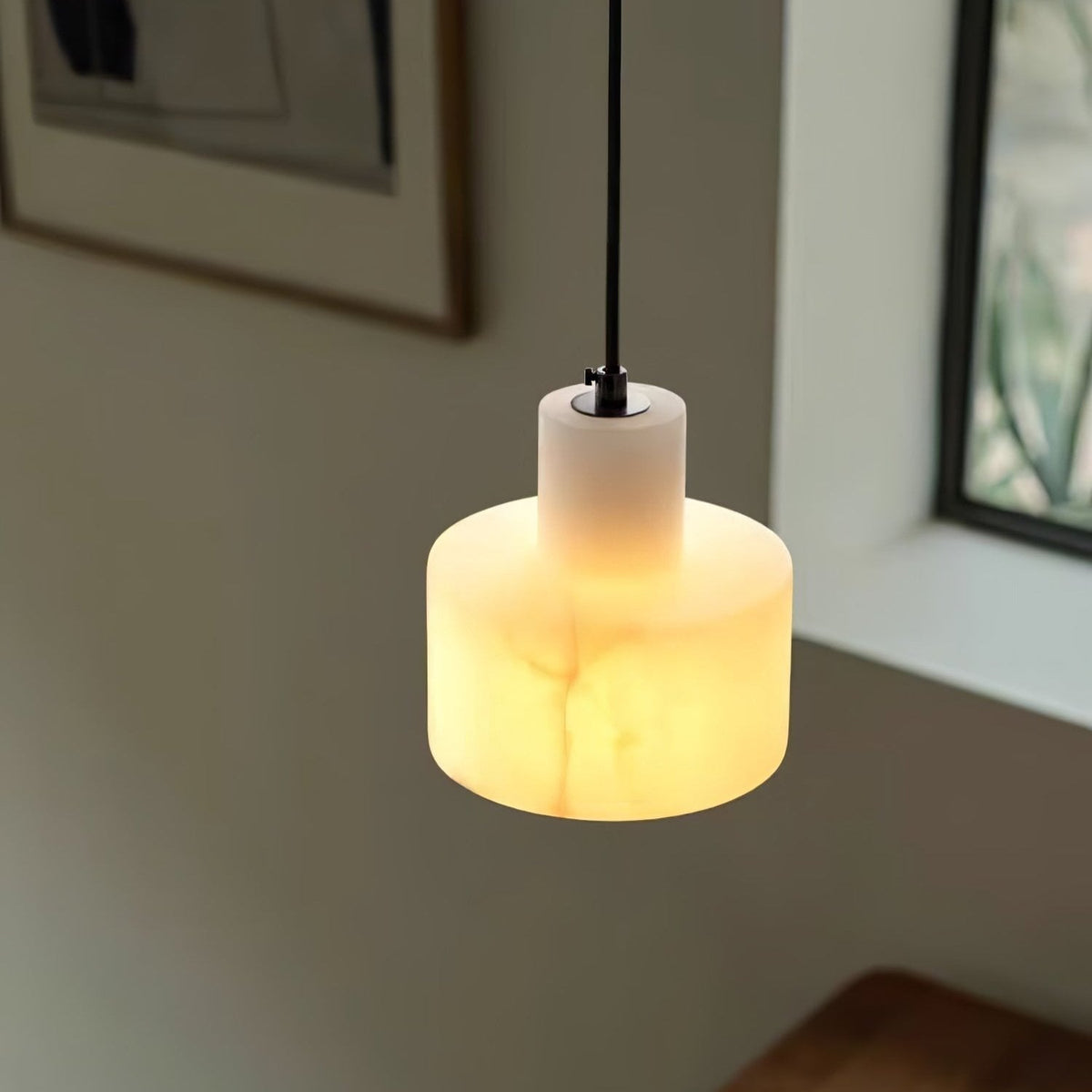 Stone Cylinder Hanging Lamp White Adjustable Drop Ceiling Fixture for Kitchen Island Dining Room Bedroom Hallway Natural Alabaster E27 Socke | Thomler