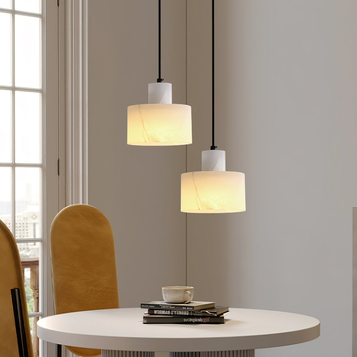 Stone Cylinder Hanging Lamp White Adjustable Drop Ceiling Fixture for Kitchen Island Dining Room Bedroom Hallway Natural Alabaster E27 Socke | Thomler