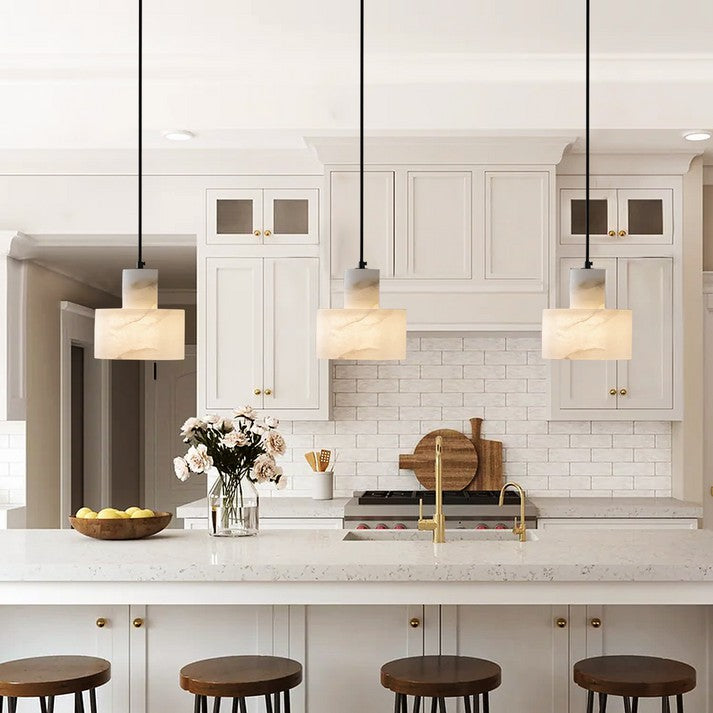Stone Cylinder Hanging Lamp White Adjustable Drop Ceiling Fixture for Kitchen Island Dining Room Bedroom Hallway Natural Alabaster E27 Socke | Thomler
