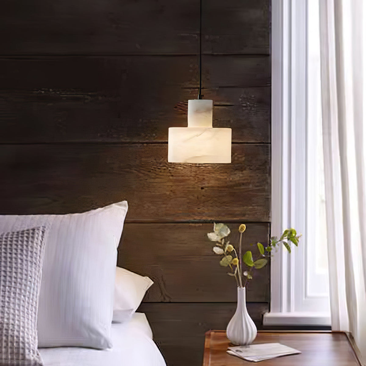 Stone Cylinder Hanging Lamp White Adjustable Drop Ceiling Fixture for Kitchen Island Dining Room Bedroom Hallway Natural Alabaster E27 Socke | Thomler