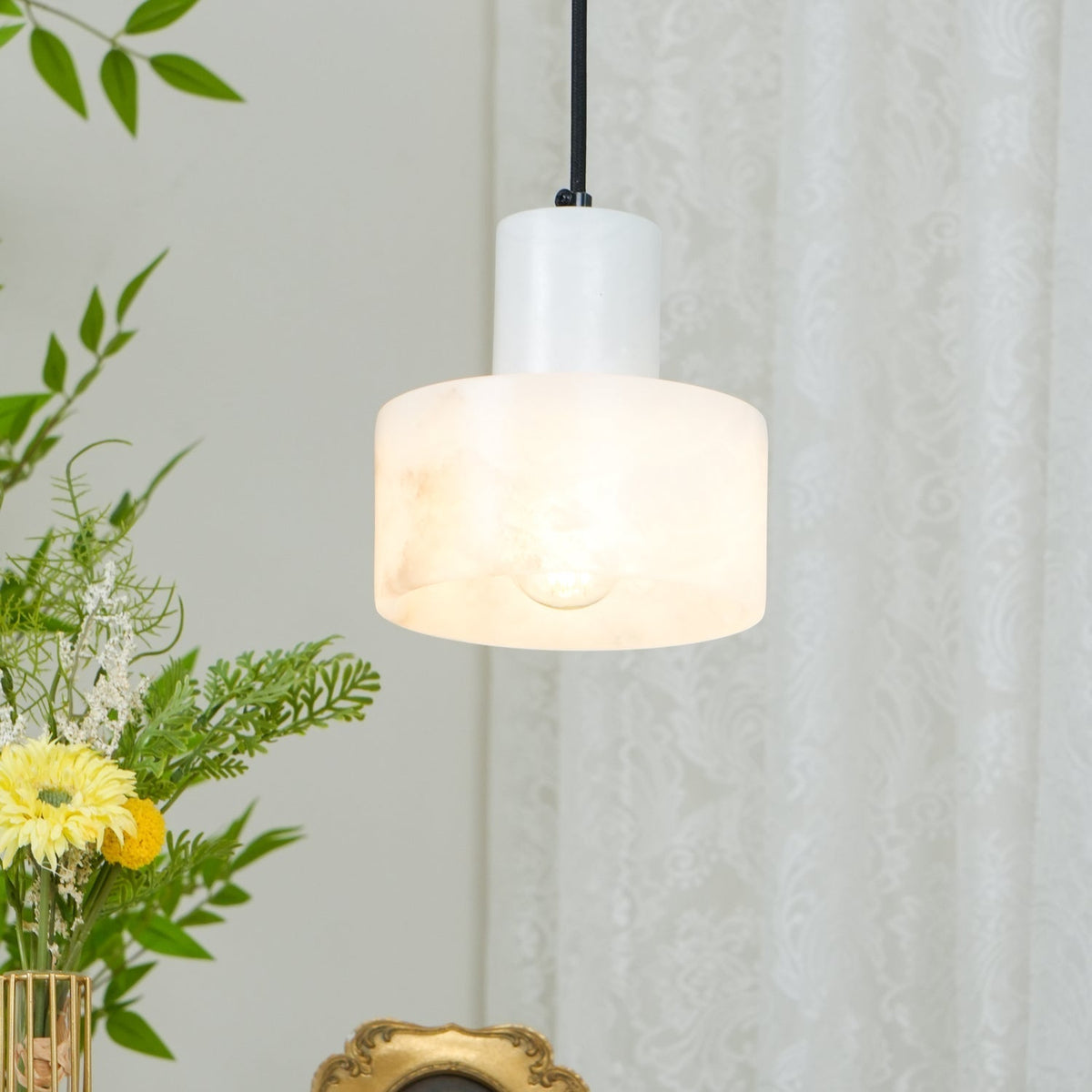 Stone Cylinder Hanging Lamp White Adjustable Drop Ceiling Fixture for Kitchen Island Dining Room Bedroom Hallway Natural Alabaster E27 Socke | Thomler
