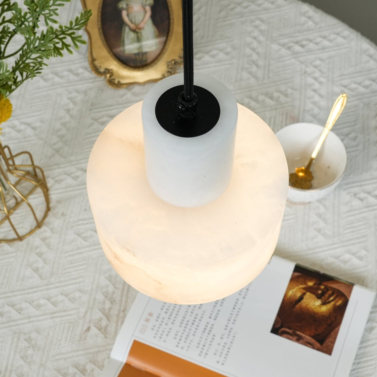 Stone Cylinder Hanging Lamp White Adjustable Drop Ceiling Fixture for Kitchen Island Dining Room Bedroom Hallway Natural Alabaster E27 Socke | Thomler