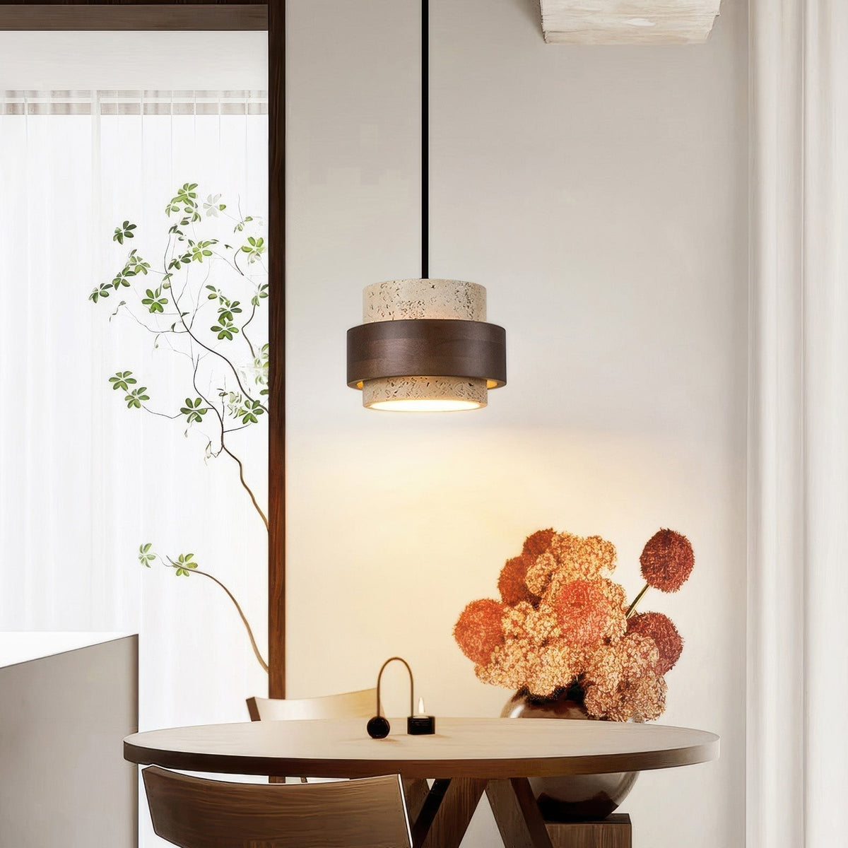 Deckenleuchte aus Stein und Holz, 17 cm, hängende Lampe aus natürlichem Travertin für Esstisch, Kücheninsel, Nachttisch, minimalistisch, verstellbar | Thomler