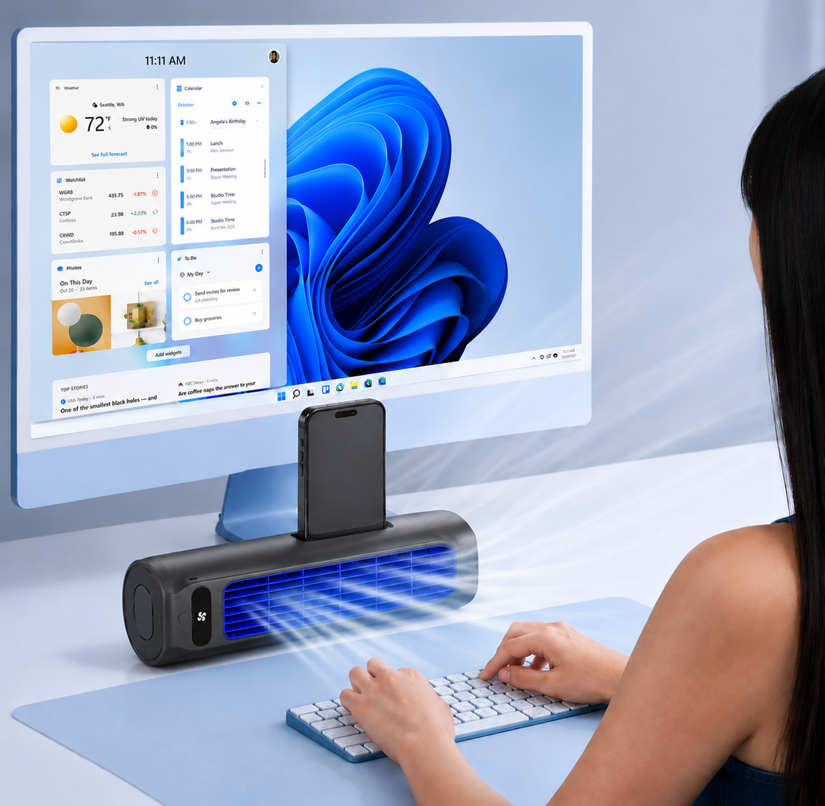Ventilador enfriador de aire personal recargable con montaje en pared y 12 horas de batería para escritorio, oficina, dormitorio y uso doméstico