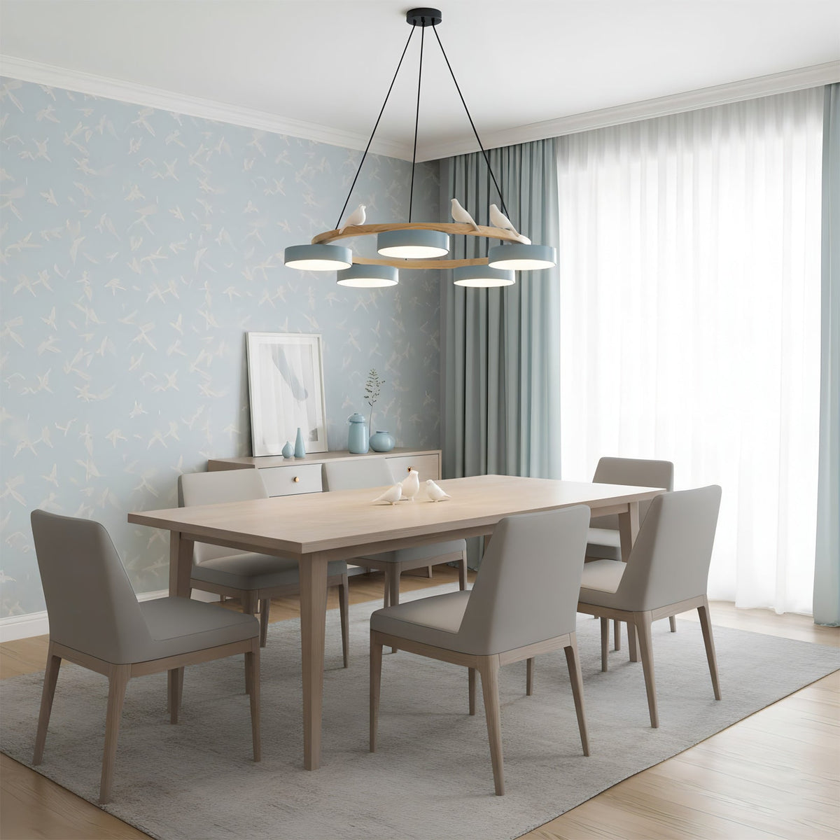 Round Wooden Ceiling Light with Bird Accents 26 Inch 4-Bulb LED Fixture Adjustable Height for Dining Room Kitchen Living Room Hallway Entryw | Thomler