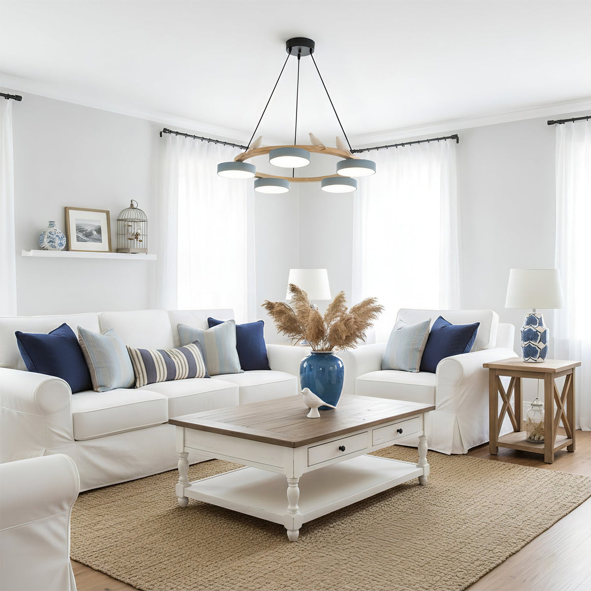 Round Wooden Ceiling Light with Bird Accents 26 Inch 4-Bulb LED Fixture Adjustable Height for Dining Room Kitchen Living Room Hallway Entryw | Thomler