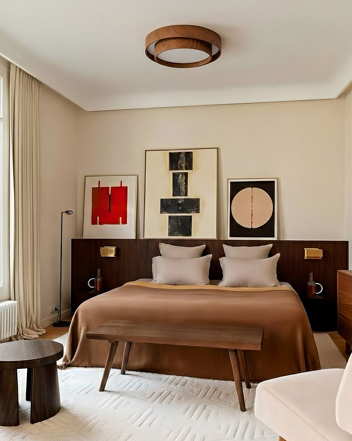 Round Flush Mount LED Ceiling Light Fixture Wood Grain Metal 16 in Diameter for Bedroom Living Room Kitchen Office Low Profile Modern Overhe | Thomler