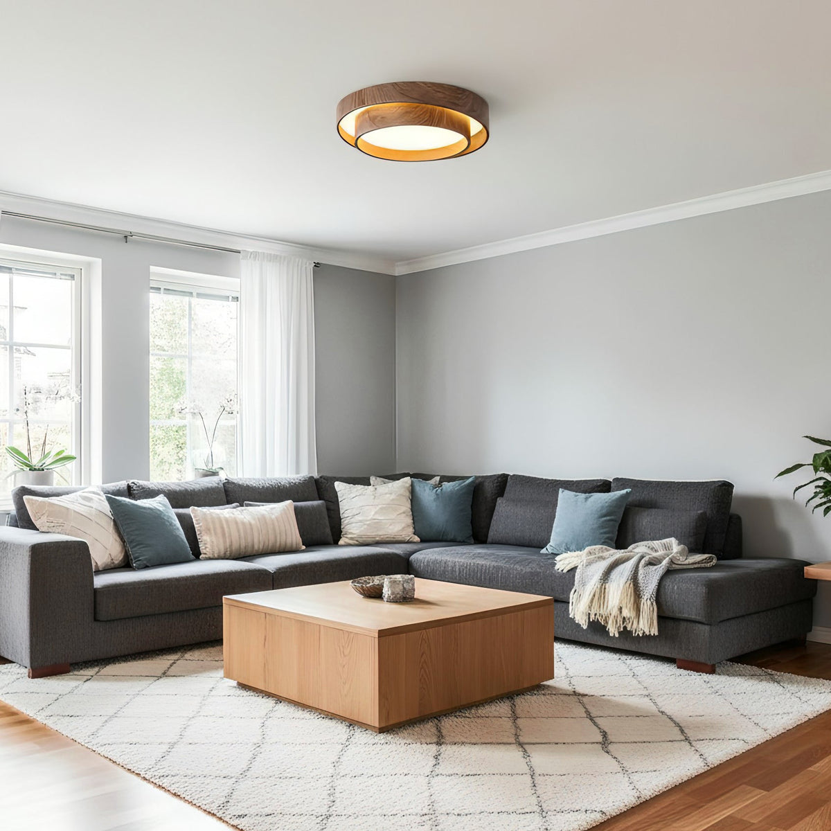 Round Flush Mount LED Ceiling Light Fixture Wood Grain Metal 16 in Diameter for Bedroom Living Room Kitchen Office Low Profile Modern Overhe | Thomler
