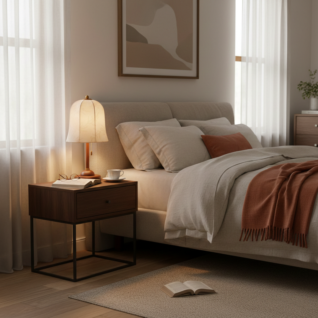 Nightstand Lamp with Fabric Shade 9-Inch Dimmable Task Light Copper Walnut Finish Bedroom Reading Side Table Lighting Home Decor | Thomler
