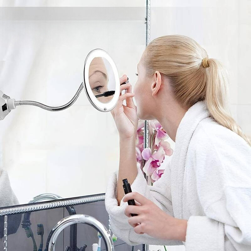 Flexibele LED-make-upspiegel met 10x vergroting | Zuignap-cosmeticaspiegel met verstelbare zwanenhals voor de badkamer | Verlicht