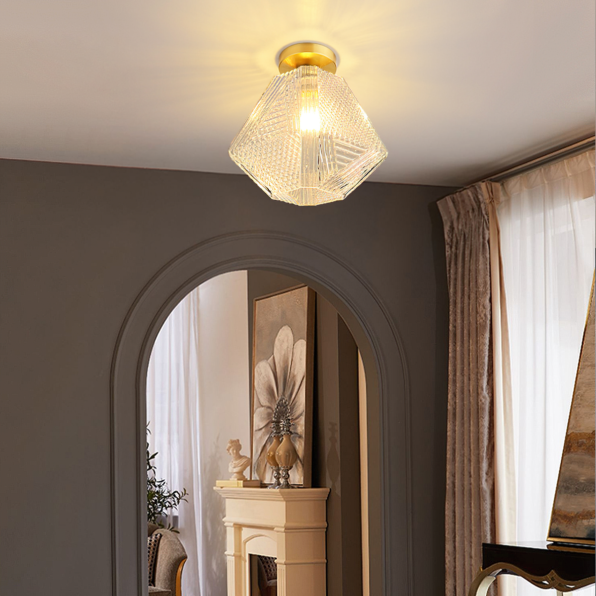 Geometric Glass Pendant Light with Faceted Shade | Polished Metal Hanging Fixture for Kitchen Island Entryway Breakfast Nook Hallway | Thomler
