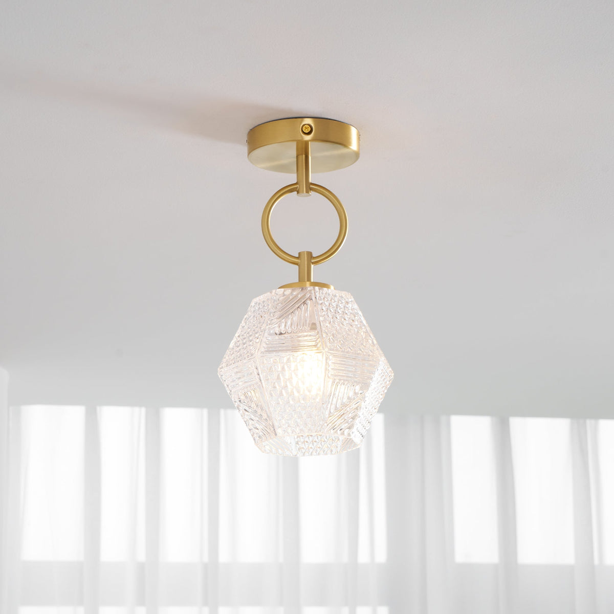 Geometric Glass Pendant Light with Faceted Shade | Polished Metal Hanging Fixture for Kitchen Island Entryway Breakfast Nook Hallway | Thomler