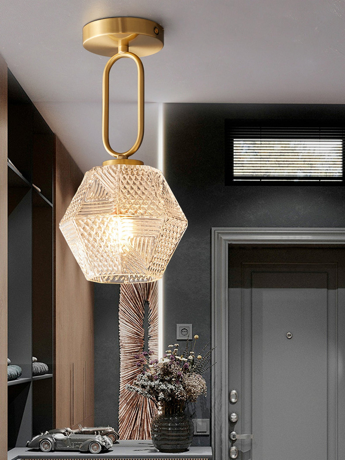 Geometric Glass Pendant Light with Faceted Shade | Polished Metal Hanging Fixture for Kitchen Island Entryway Breakfast Nook Hallway | Thomler