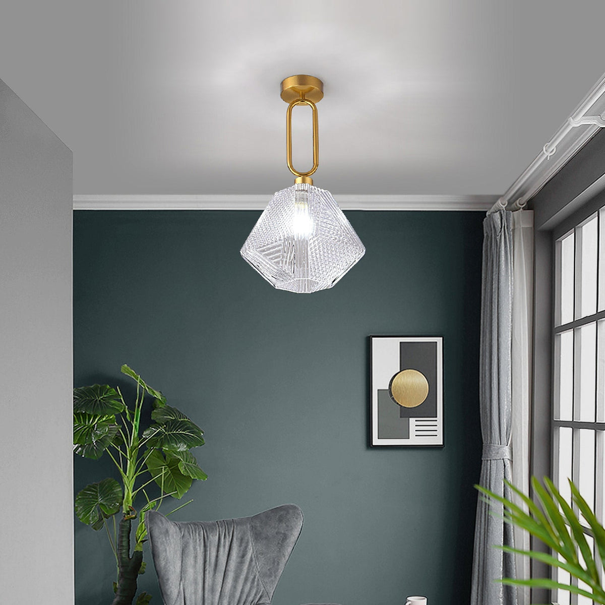 Geometric Glass Pendant Light with Faceted Shade | Polished Metal Hanging Fixture for Kitchen Island Entryway Breakfast Nook Hallway | Thomler
