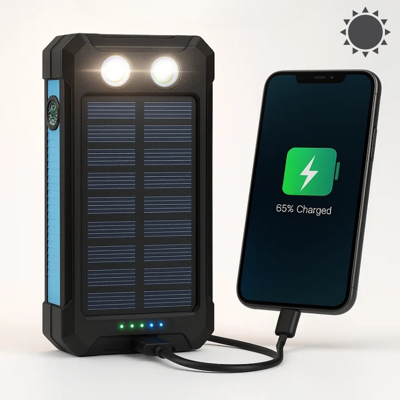 Batería recargable de 500000 mAh, cargador portátil de doble puerto USB para emergencias al aire libre con panel solar y linterna LED para camping, viajes y senderismo | Thomler