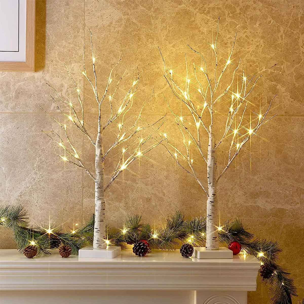 USB Rechargeable LED Birch Tree Accent Lamp 23 Inches Tall White Natural Wood Finish for Nightstand Desk Bedroom Living Room Office Ambient | Thomler
