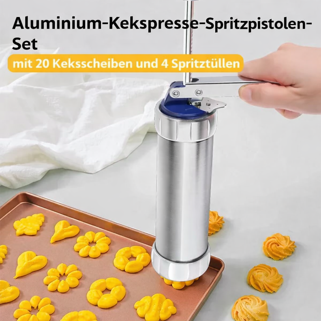 Koekjespers met 20 vormpjes en 4 spuitmondjes, roestvrijstalen deegspuit voor gelijkmatige zelfgemaakte koekjes, spritz-maker met ergonomische grip voor | Thomler