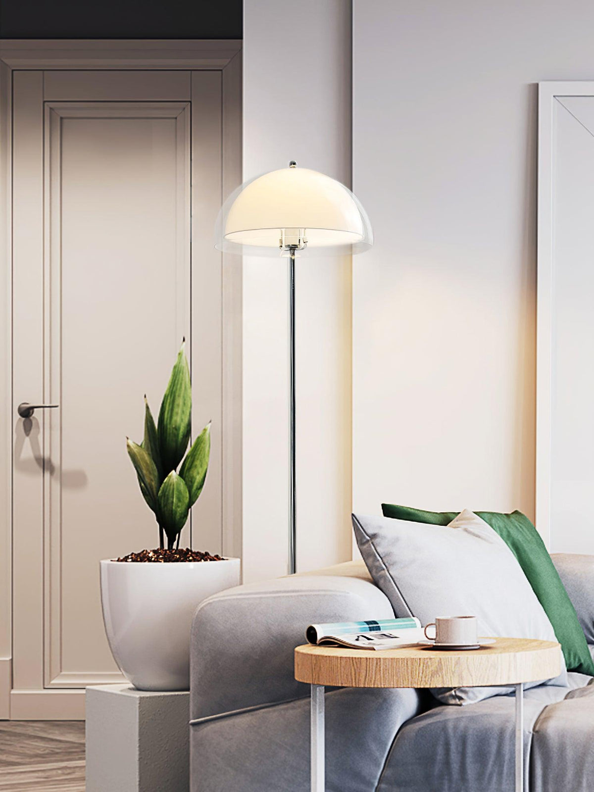 Vloerlamp met dubbellaagse acryldiffuser, 155 cm hoog, voor slaapkamer en kantoor, verchroomde metalen voet, dimbare sfeer- en taakverlichting