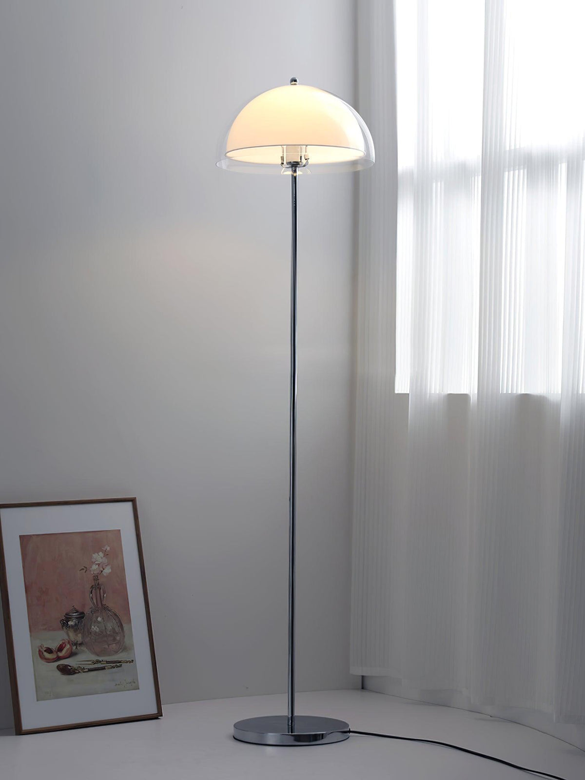 Vloerlamp met dubbellaagse acryldiffuser, 155 cm hoog, voor slaapkamer en kantoor, verchroomde metalen voet, dimbare sfeer- en taakverlichting