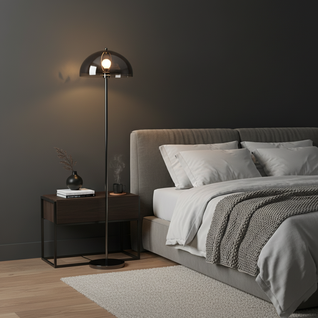 Vloerlamp met dubbellaagse acryldiffuser, 155 cm hoog, voor slaapkamer en kantoor, verchroomde metalen voet, dimbare sfeer- en taakverlichting
