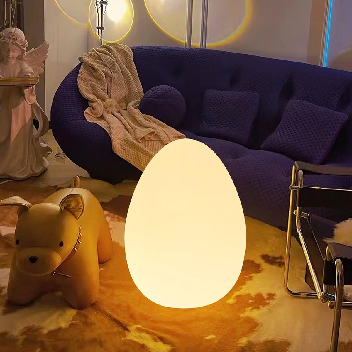 Egg-Shaped LED Mood Lamp 12 in White Polyethylene Shade 3-Mode Light Indoor Outdoor Cordless Rechargeable Accent Light for Living Room Patio | Thomler
