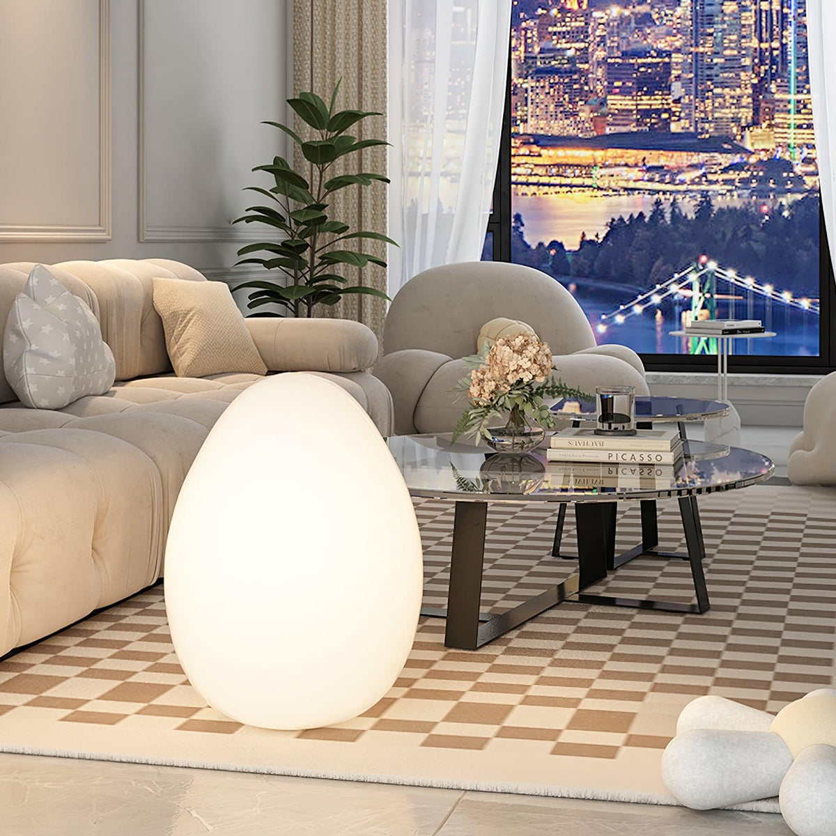 Egg-Shaped LED Mood Lamp 12 in White Polyethylene Shade 3-Mode Light Indoor Outdoor Cordless Rechargeable Accent Light for Living Room Patio | Thomler