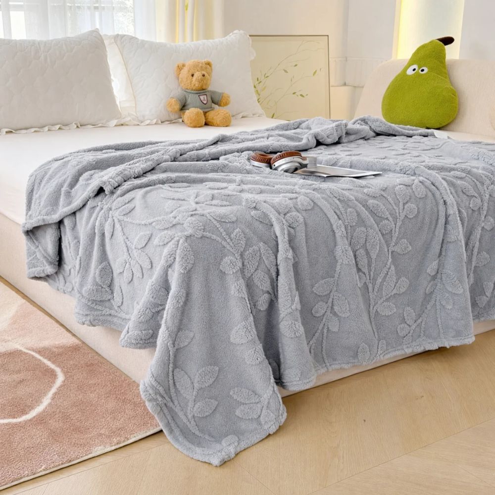 Reversible Sherpa Throw Blanket with Jacquard Botanical Pattern for Couch & Bed