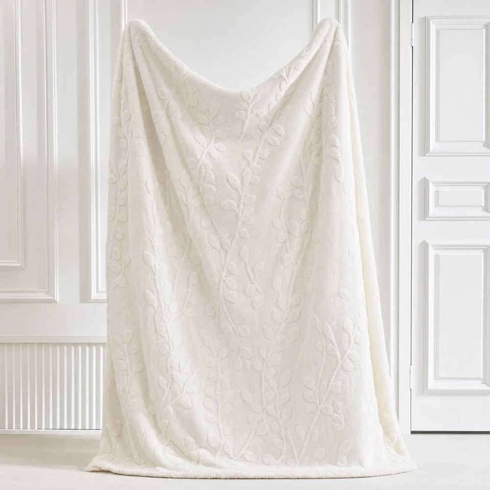 Reversible Sherpa Throw Blanket with Jacquard Botanical Pattern for Couch & Bed
