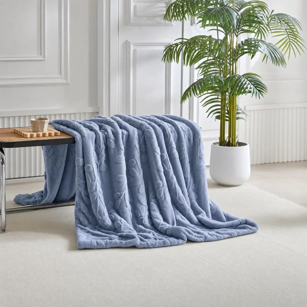 Reversible Sherpa Throw Blanket with Jacquard Botanical Pattern for Couch & Bed