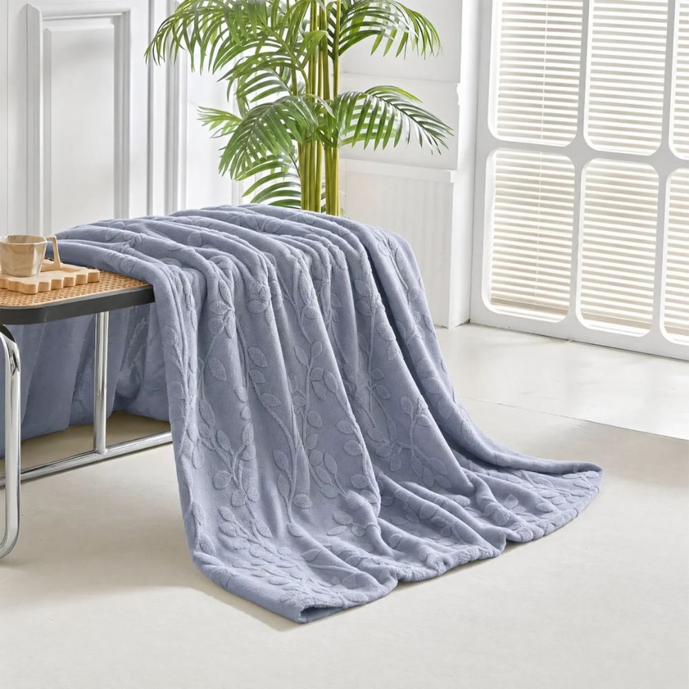 Reversible Sherpa Throw Blanket with Jacquard Botanical Pattern for Couch & Bed