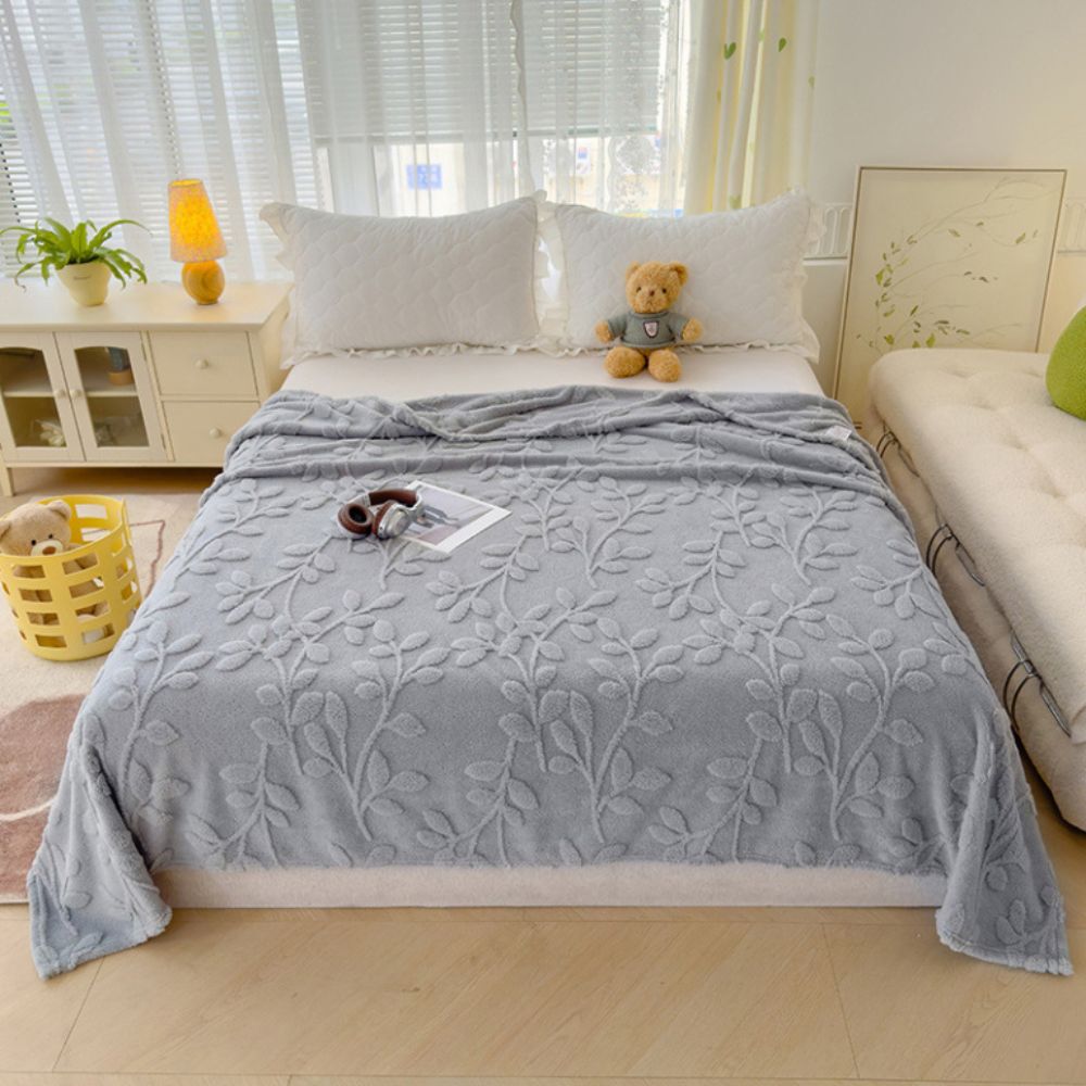Reversible Sherpa Throw Blanket with Jacquard Botanical Pattern for Couch & Bed
