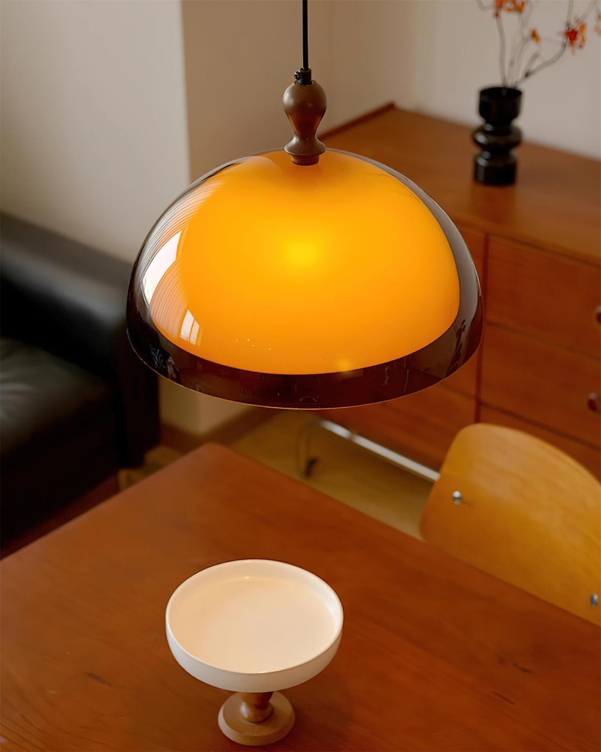 Hanging Ceiling Light Fixture with Walnut Wood Accent and Acrylic Shade 14 Inch Diameter for Kitchen Island Dining Room Table Adjustable Hei | Thomler